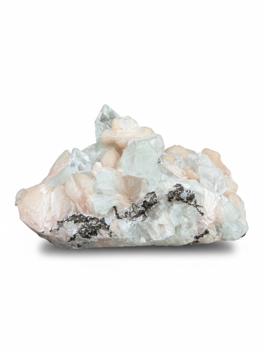 Apophyllite crystal cluster with peach/pink stilbite and dark matrix